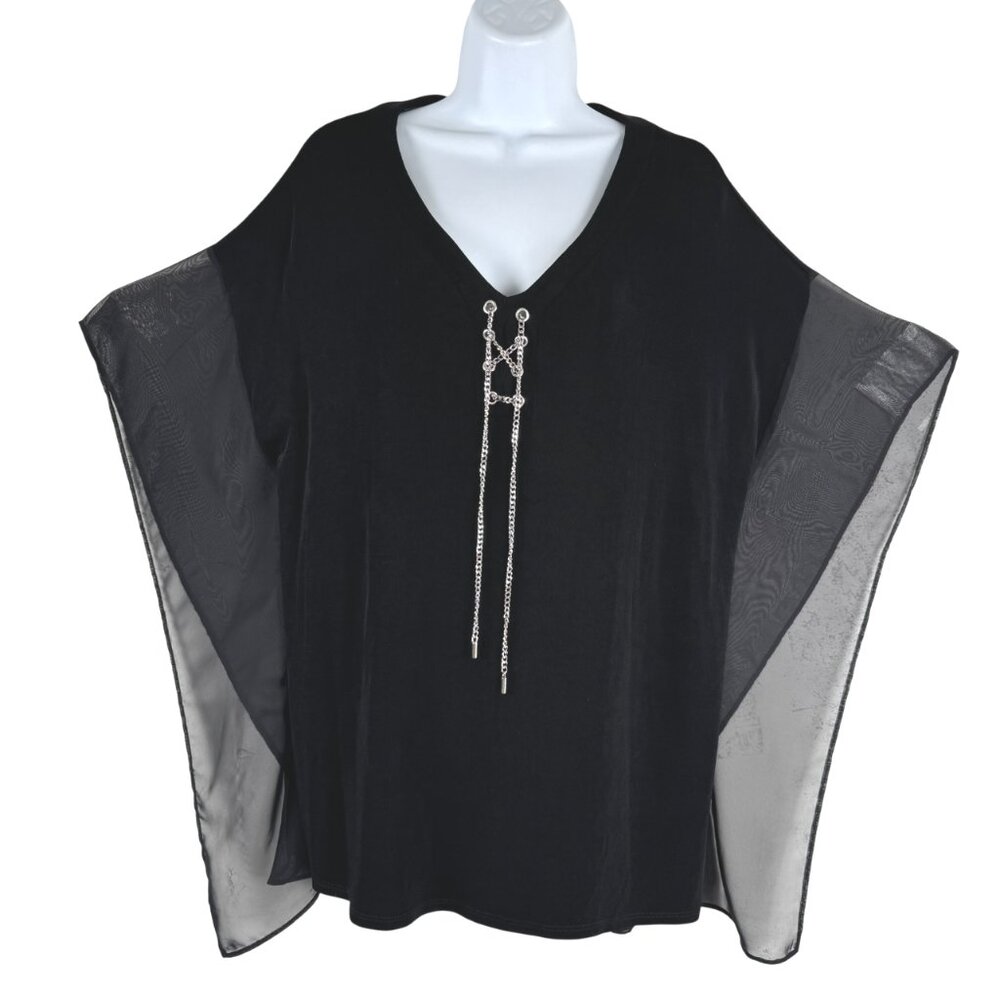 Chico's Travelers V-Neck Top Size 2 Black‎ Hardware Lace Up Slinky TP-3718